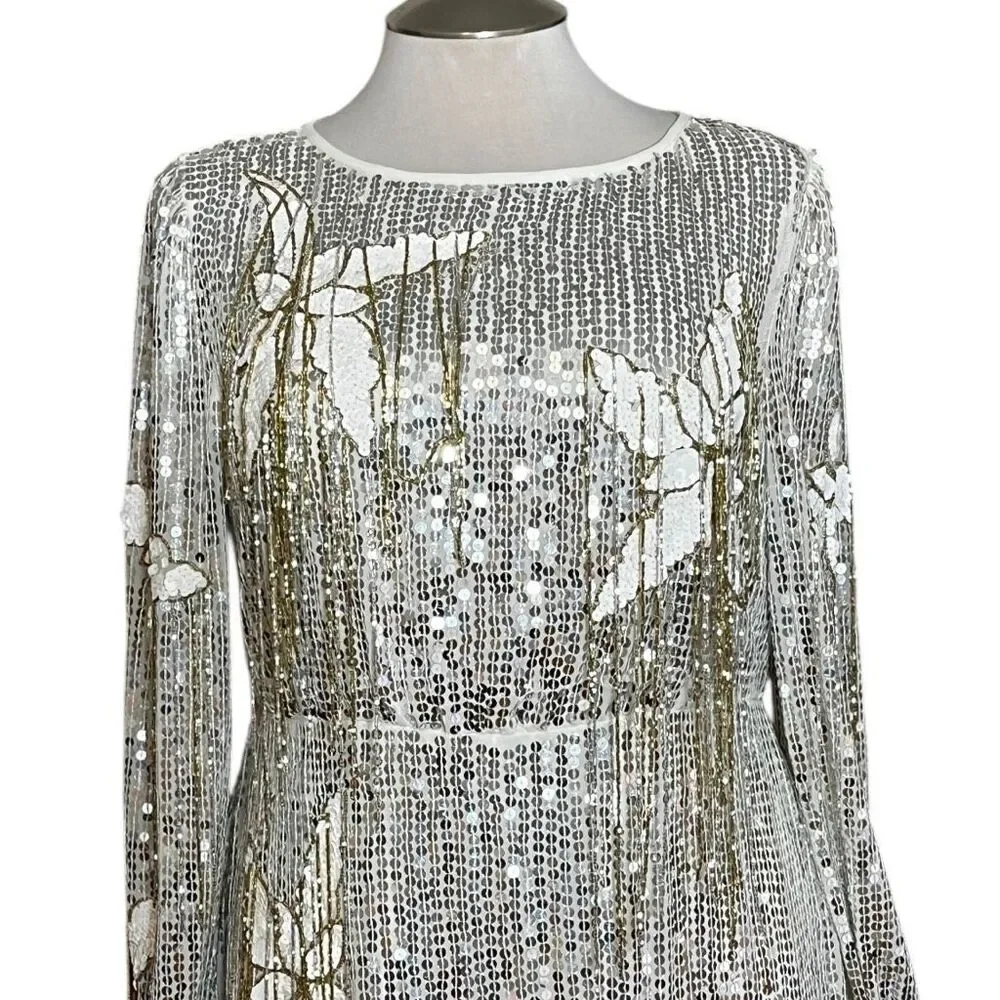 River Island London‎ Floral Sequin Fringe Long Sleeve MIDI Party Holiday Dresd - Picture 6 of 11